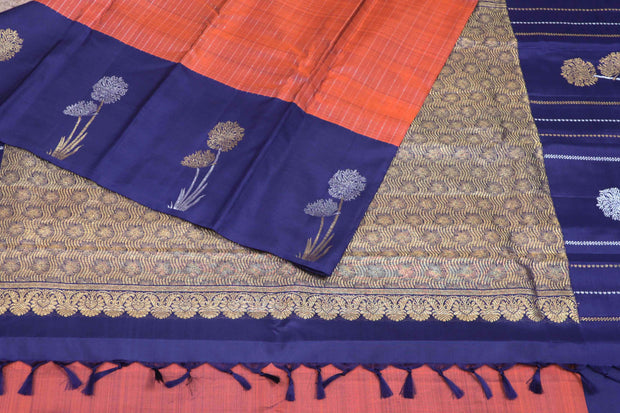 Handwoven Rust color and navy blue combo pure silk kanchivaram pure silk saree