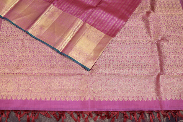 Handwoven Onion pink pure silk Kanchivaram brocade saree with stitched blouse