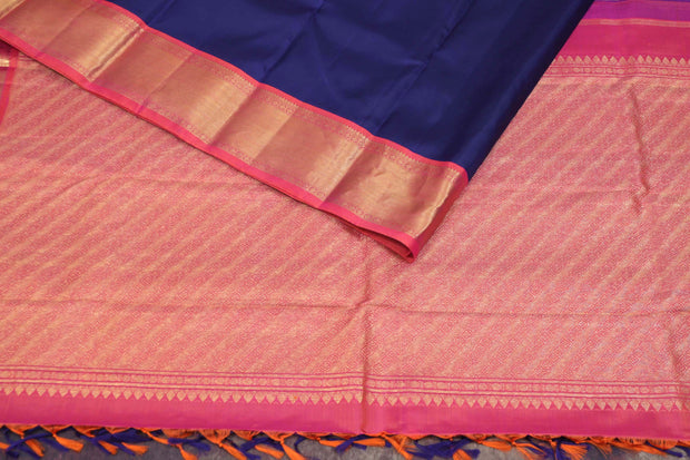 Handwoven Blue and orange pink pure silk kanchivaram silk saree with stitched blouse