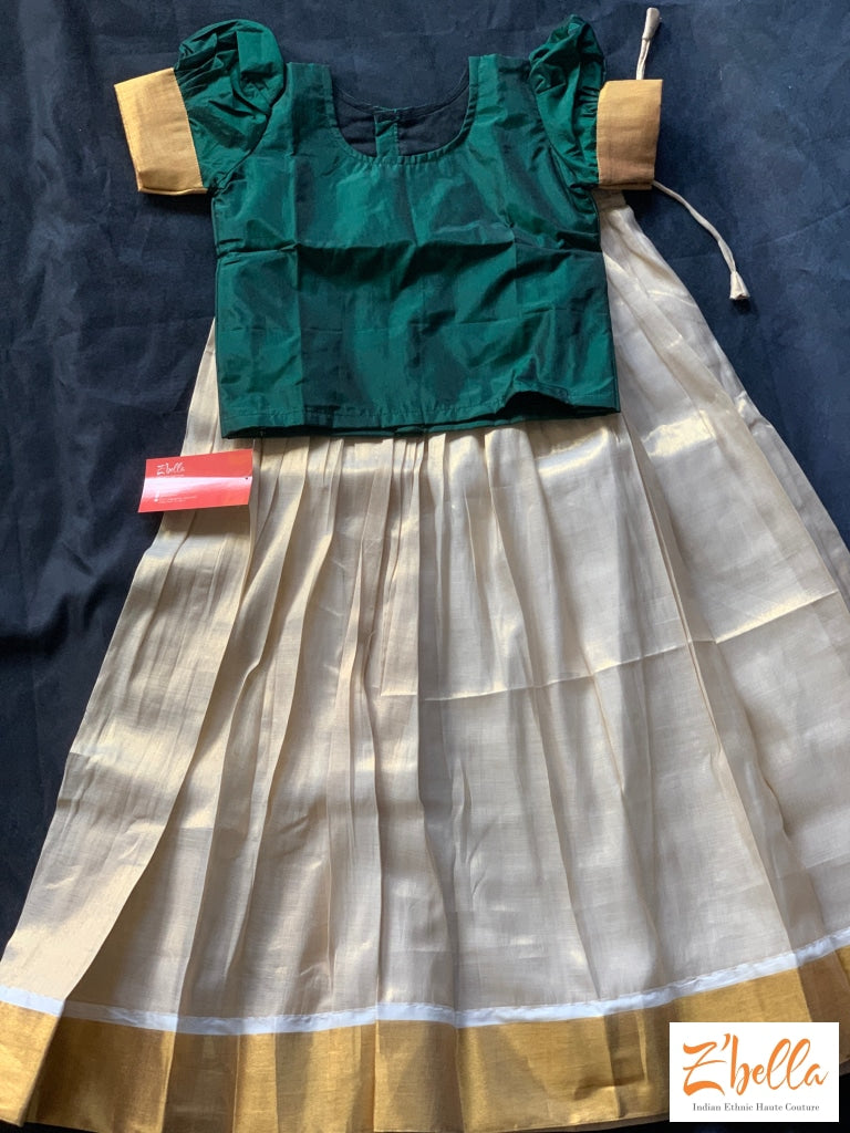 4 5 yr Kerala Gold Kasavu Tissue Skirt with Green silk crop top Z Bella Couture