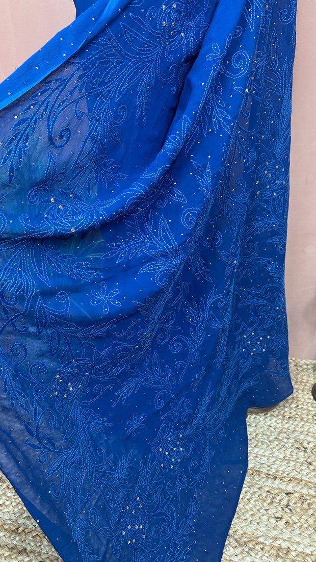 Chikankari hadn Mukesh worked Blue georgette saree with stitched blouse