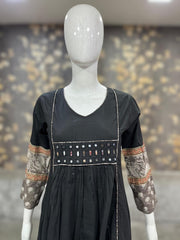 Black kurti with real mirror and Ajrakh patch work