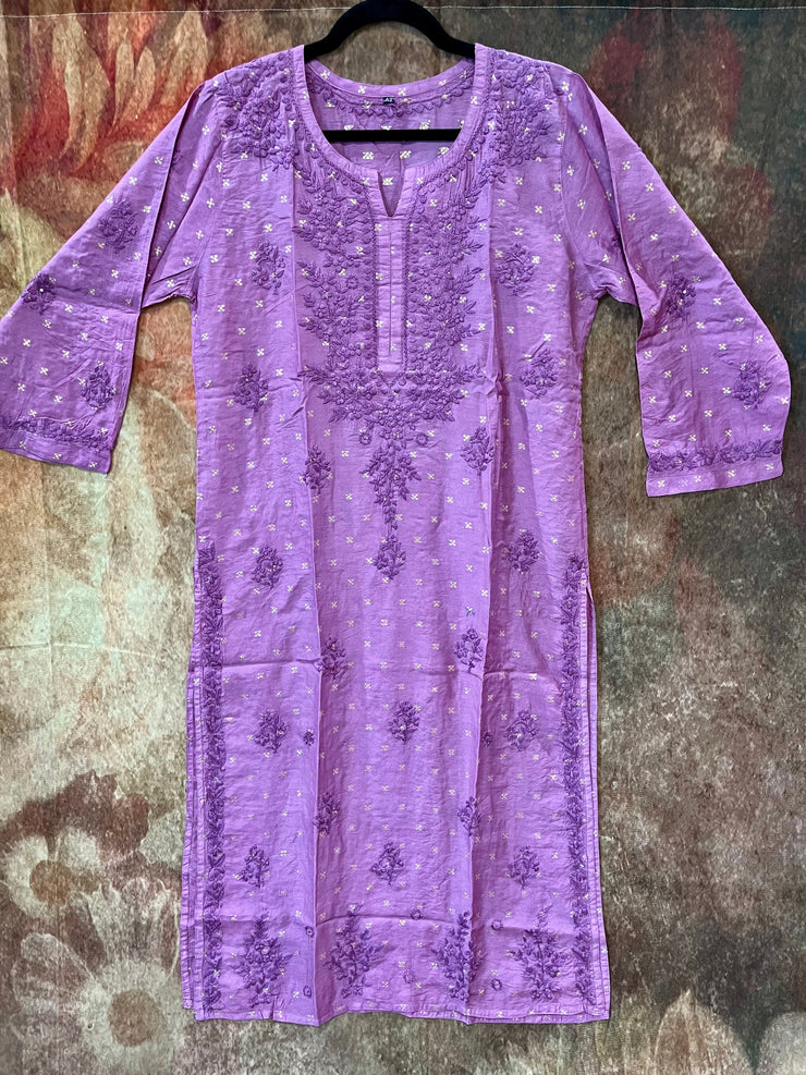 Light eggplant color Banarsi silk chikankari kurti