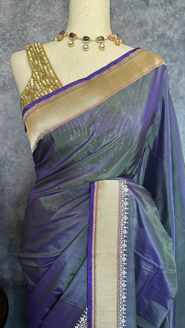 Handloom pure organza crepe silk saree with silver and gold weaved boder, with stitched blouse