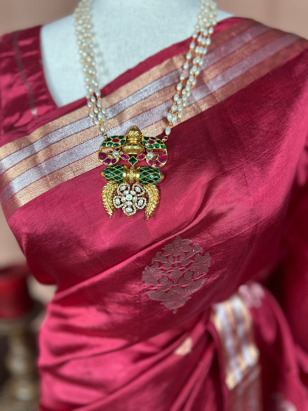 Red soft katan silk saree with silver and gold weave, with stitched blouse