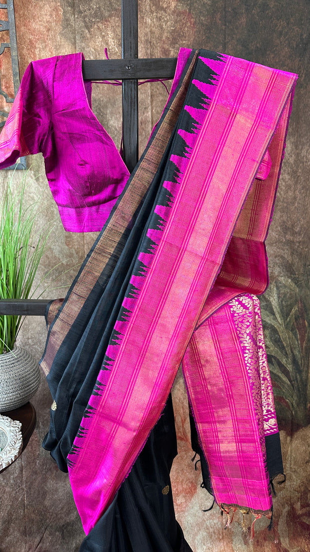 Black and Pink Combo Pure Raw Silk Saree with Stitched Blouse