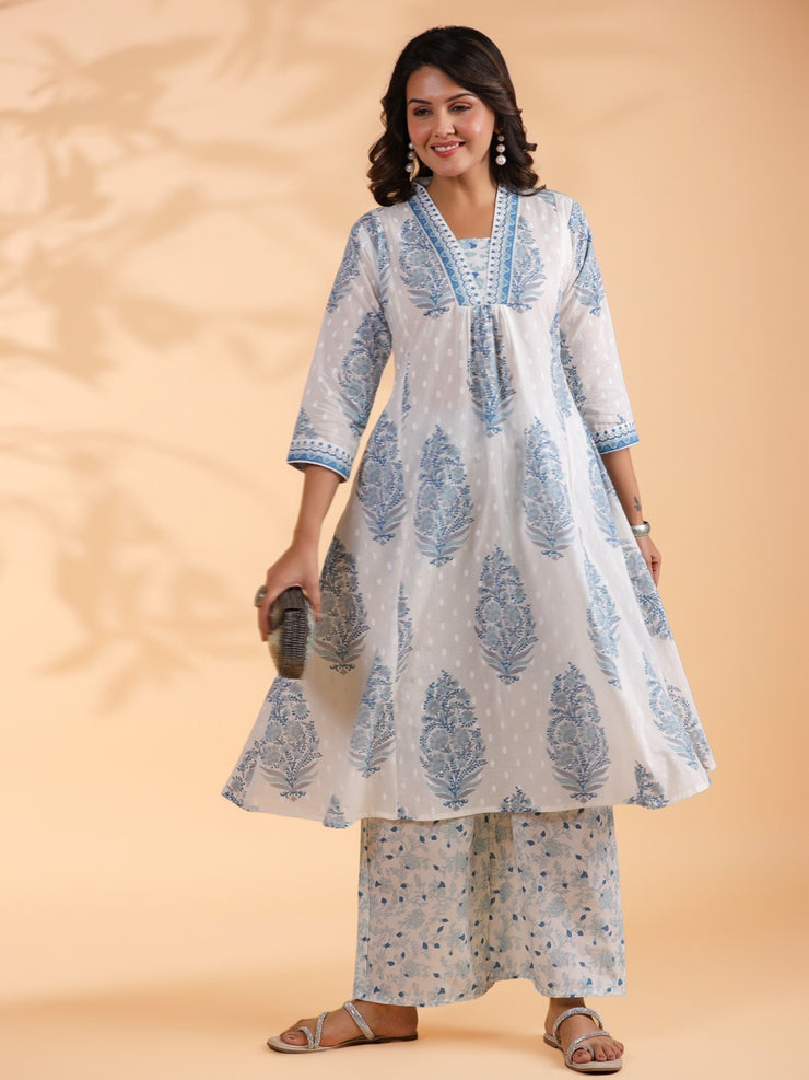 White jaipur print cotton Kurti with bottom