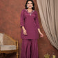 Wine red crepe kurti with flared palazzo and dupatta