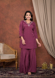 Wine red crepe kurti with flared palazzo and dupatta