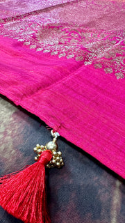 Pure silk Yellow matka saree with pink banarsi border and stitched blouse