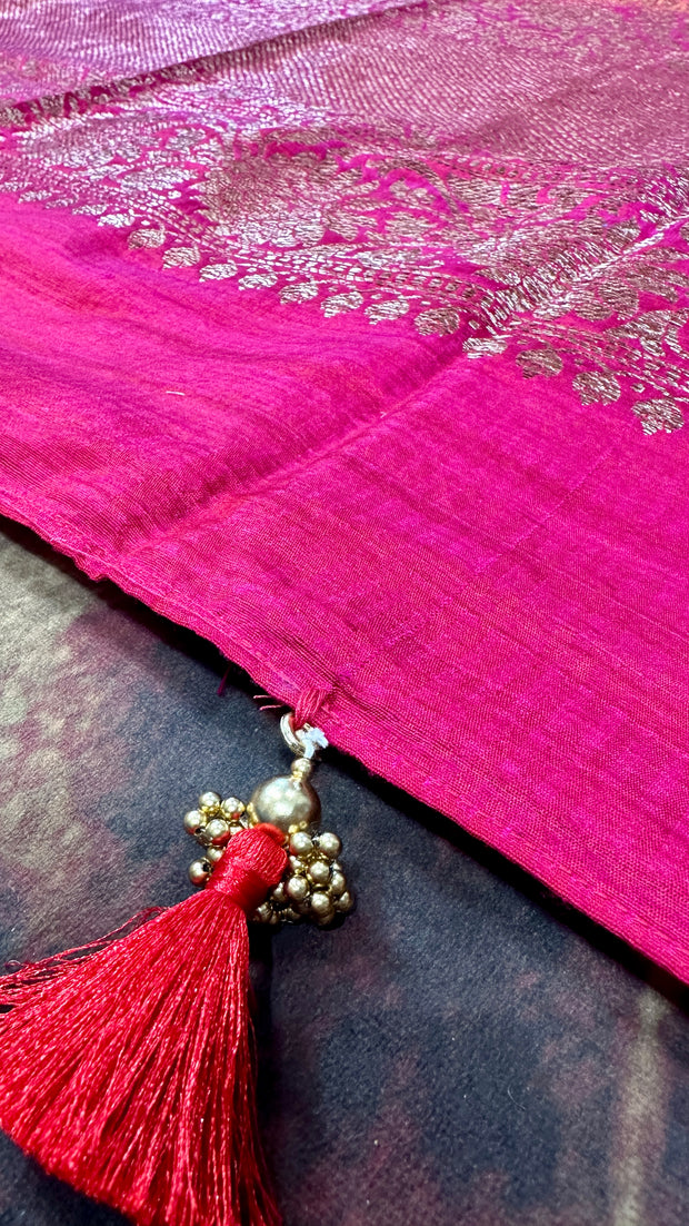 Pure silk Yellow matka saree with pink banarsi border and stitched blouse