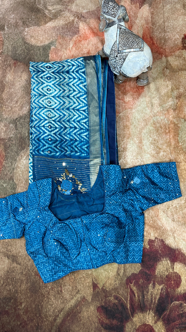 Indigo Blue Munga Silk Saree with Handwork and Stitched Blouse