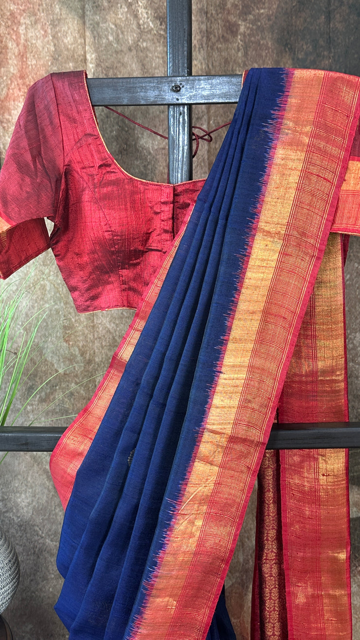 Navy blue and brick red combo pure raw silk saree with stitched blouse