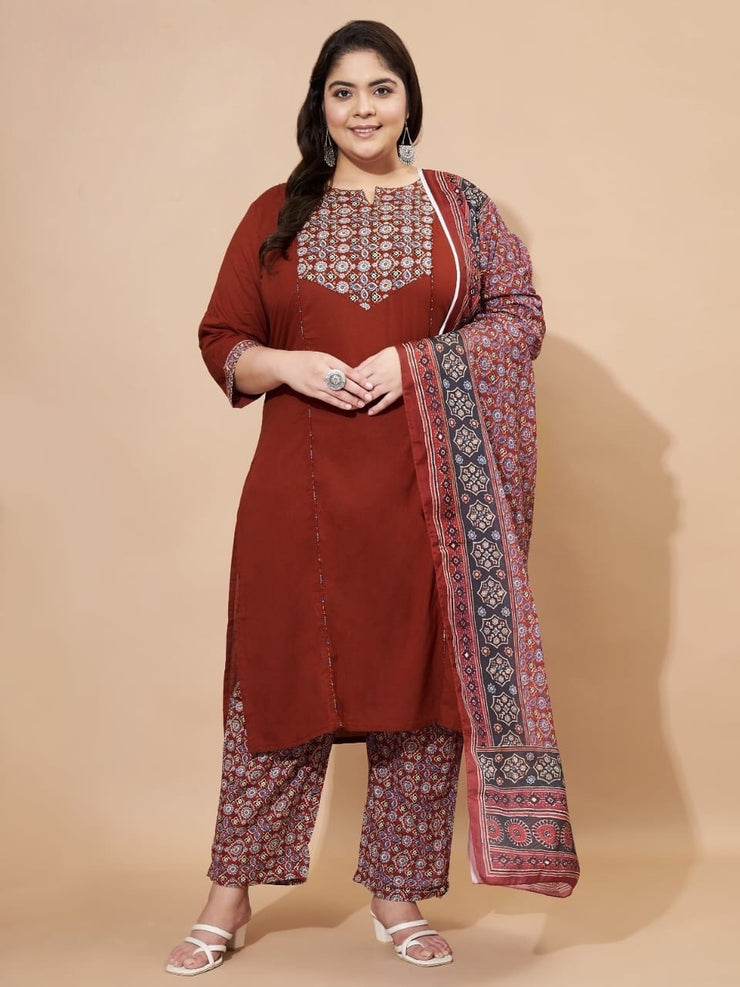 Maroon printed cotton kurti with bottom and bupatta - 48 size