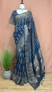 Indigo blue Ajrak hand block printed dola silk saree with stitched blouse