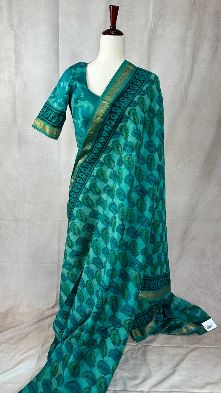 Handblock printed Maheswari cotton silk saree with stitched designer blouse