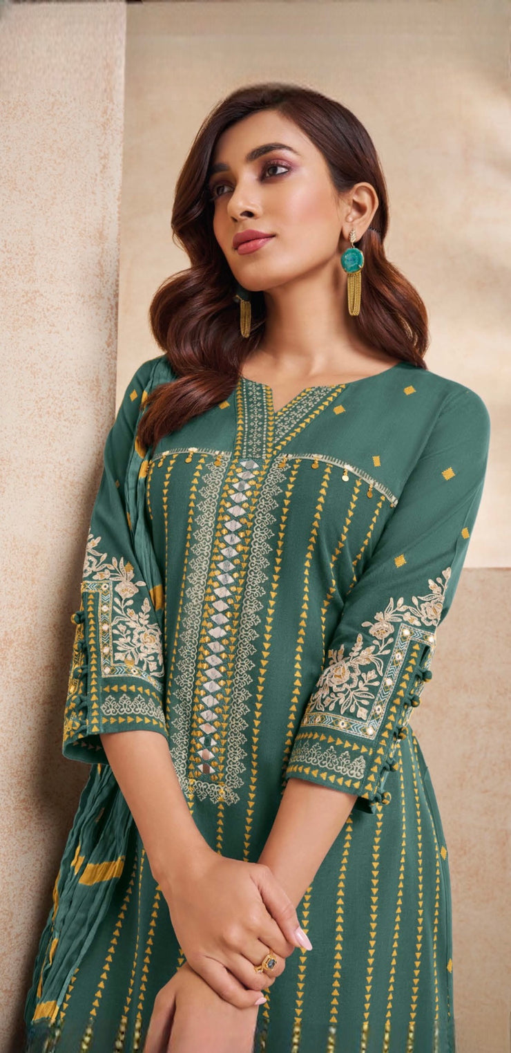 Green cotton kurti with bottom and dupatta