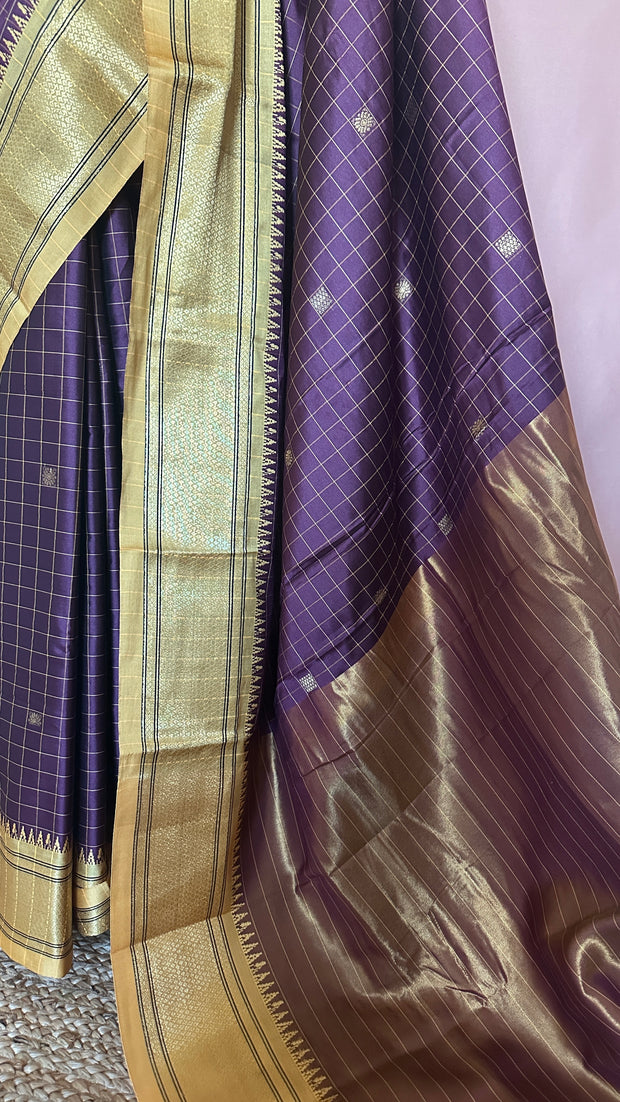 Coffe Brown semi silk saree with yellow temple border, with stitched blouse