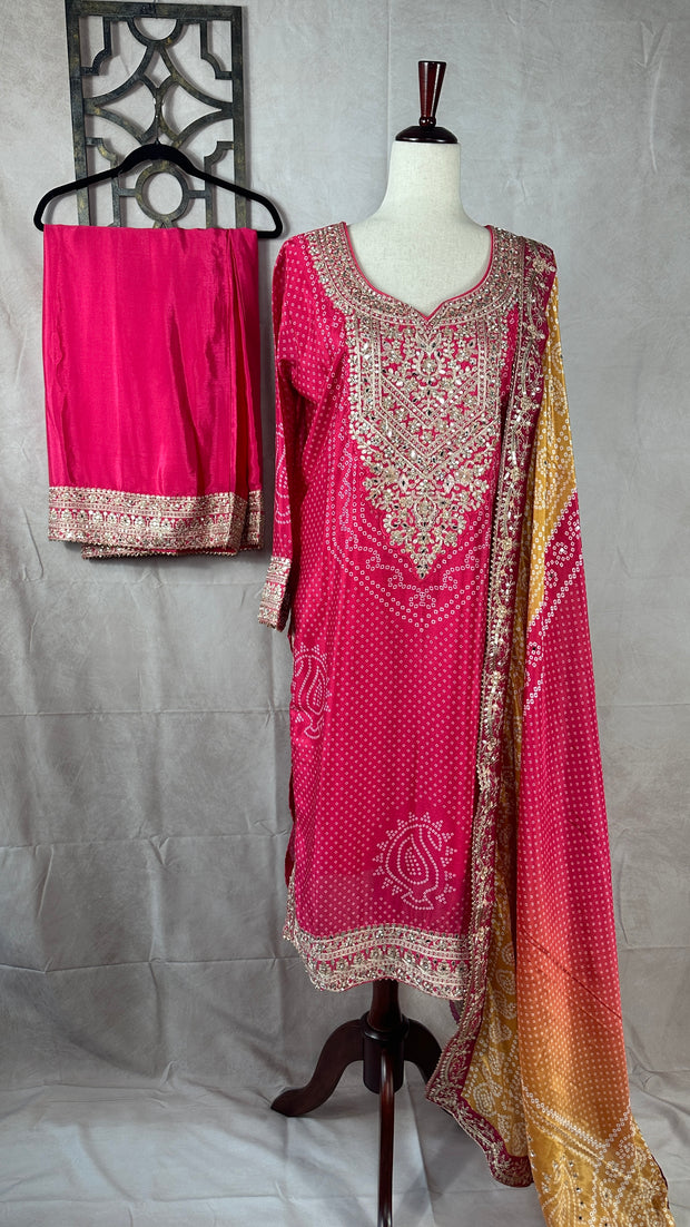 PInk bandini printed top with bottom and yellow dupatta