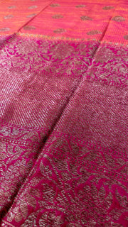 Pure silk Yellow matka saree with pink banarsi border and stitched blouse