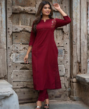 Maroon Cotton kurti with emroidery and bottom