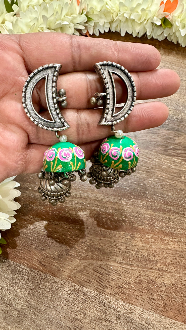 Sliver replica green meenakari Jhumka