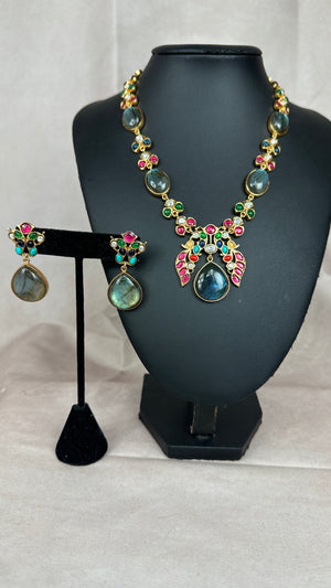 Semi precious gem stone and moissanite necklace