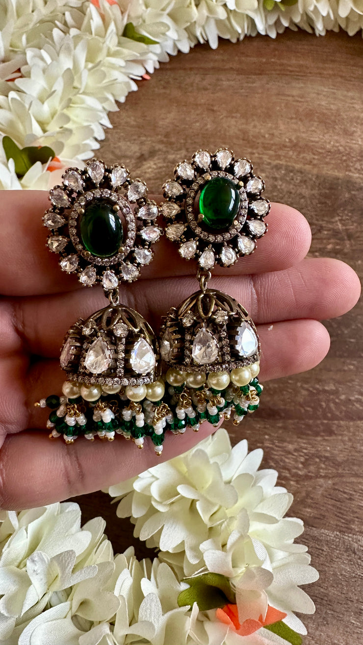 Victorian finish jhumka with green stone