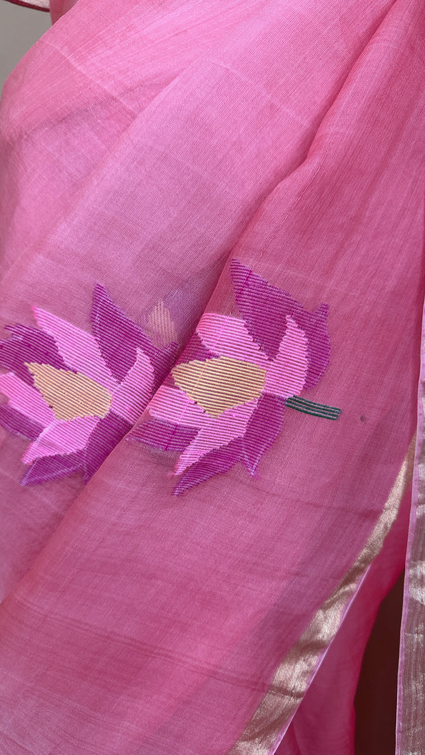 Pure muslin silk saree with jamdani weave and stitched blouse