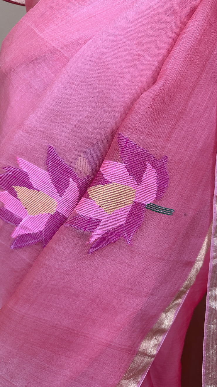 Pure muslin silk saree with jamdani weave and stitched blouse