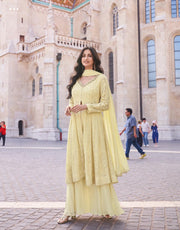 Light Yellow flared top with palazzo and dupatta