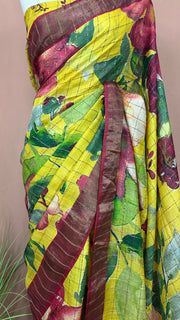 Silk mark certified Pure yellow tussar silk saree with digital floral print, with stitched blouse