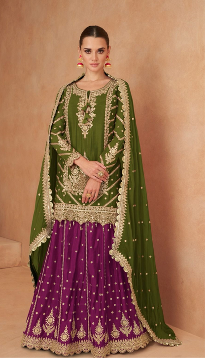 Olive green and purple short top with skirt and dupatta