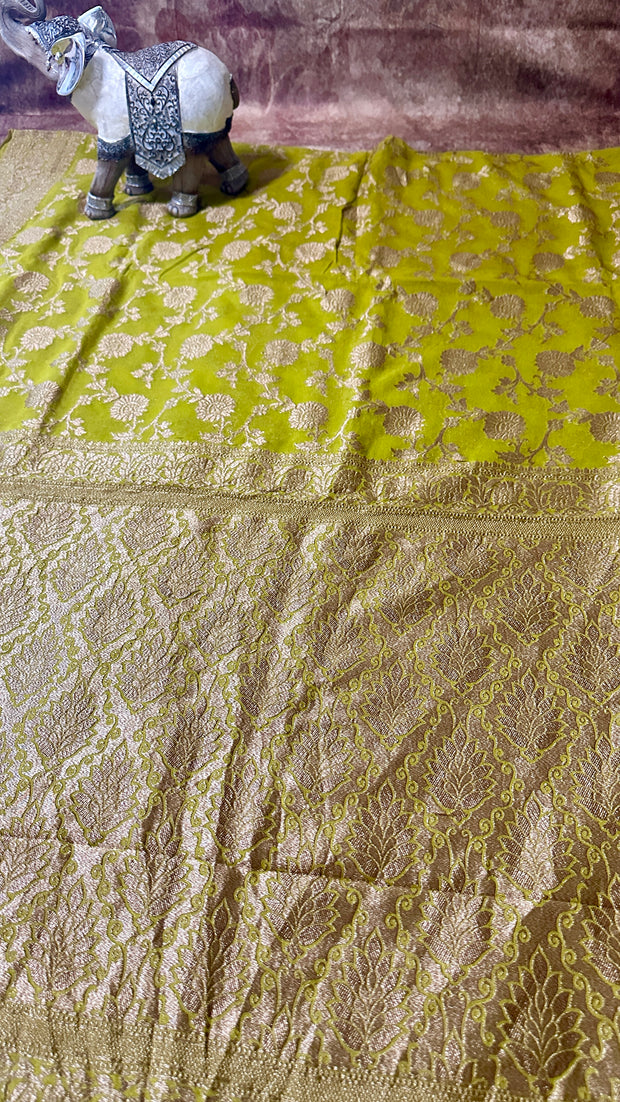 Pear green Pure Khaddi georgette banarsi saree with stitched blouse