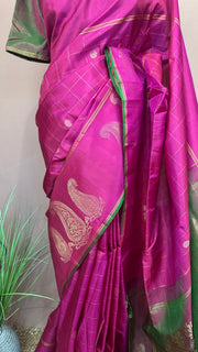 Pure handloom kanchivram silk saree with checked patern, comes with stitched blouse