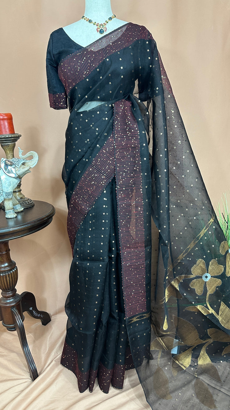 Black muslin pure silk saree with sequins weave, stitched blouse