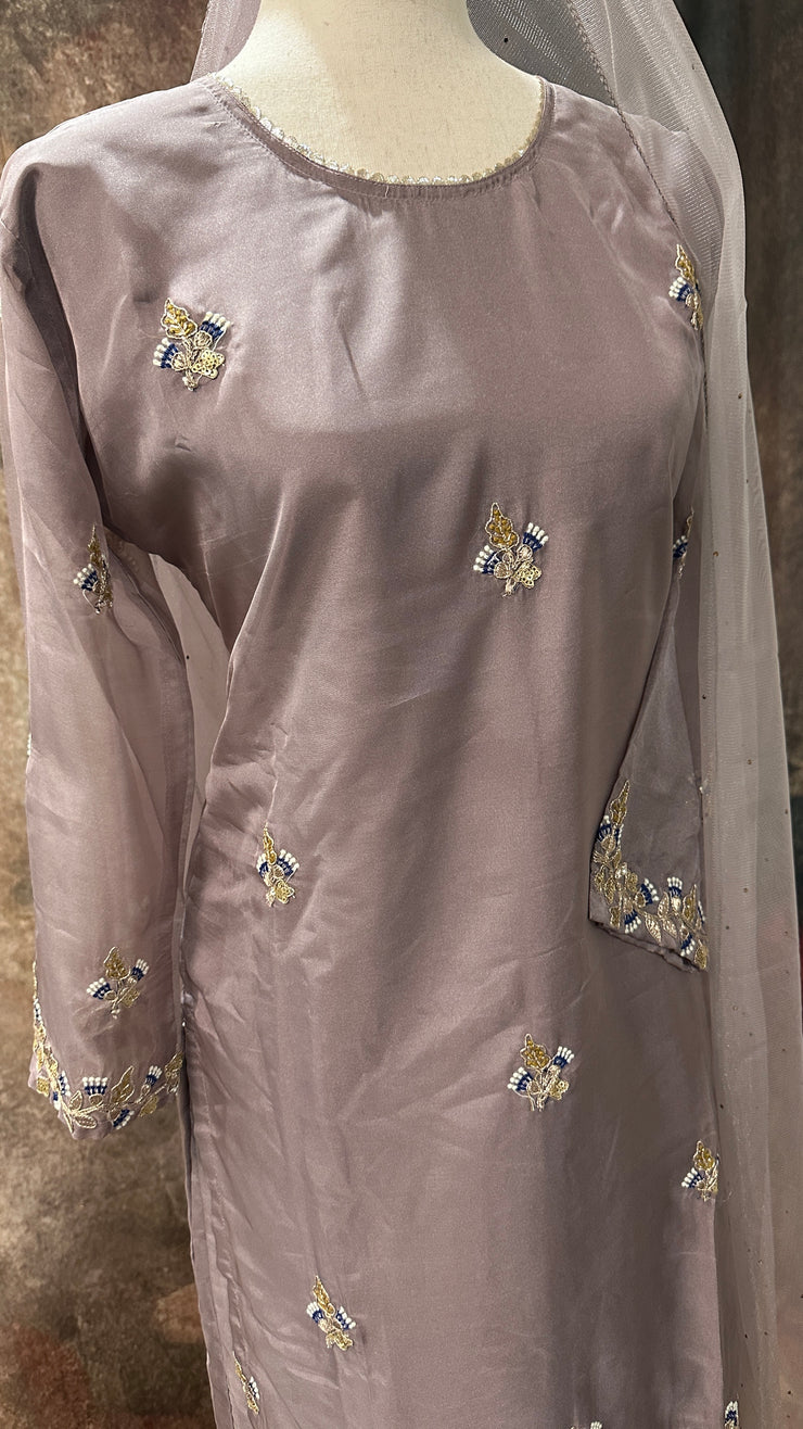 Lavender embroidered kurti with gharah and dupatta