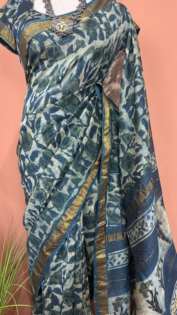 Handblock printed Maheswari cotton silk saree with stitched designer blouse