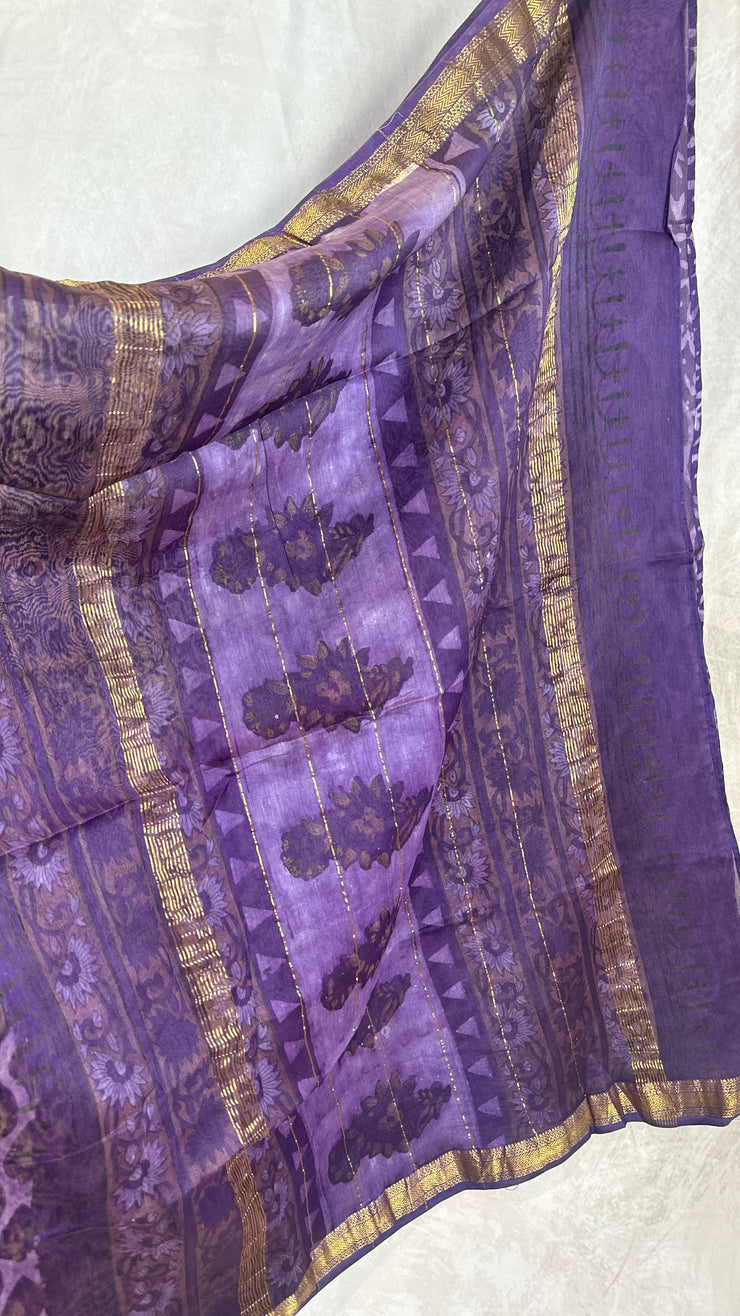 Handblock printed Maheswari cotton silk saree