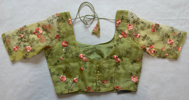 Light green organza silk blouse with peach floral emroidery