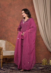 Wine red crepe kurti with flared palazzo and dupatta