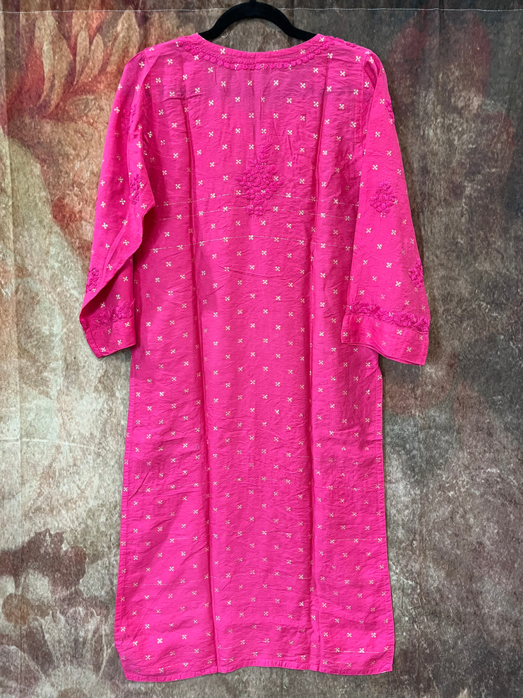 Pink color Banarsi silk chikankari kurti