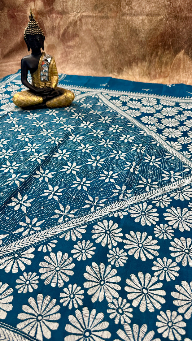 Peacock blue pure bangalore silk saree with kantha work , stitched blouse