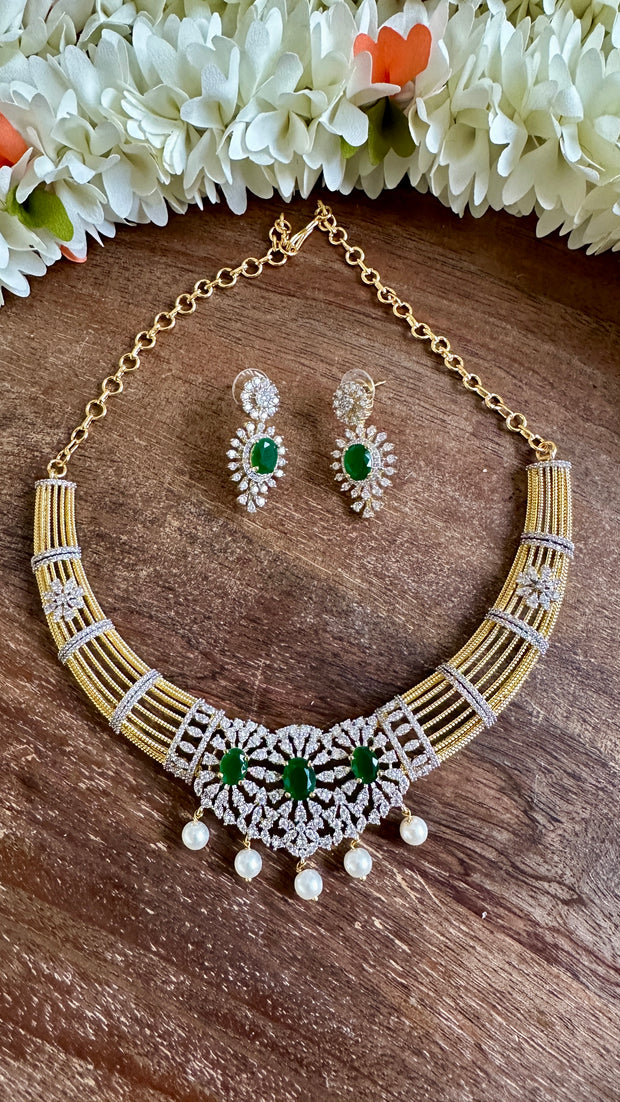 Diamond replica necklace with green stone and earring