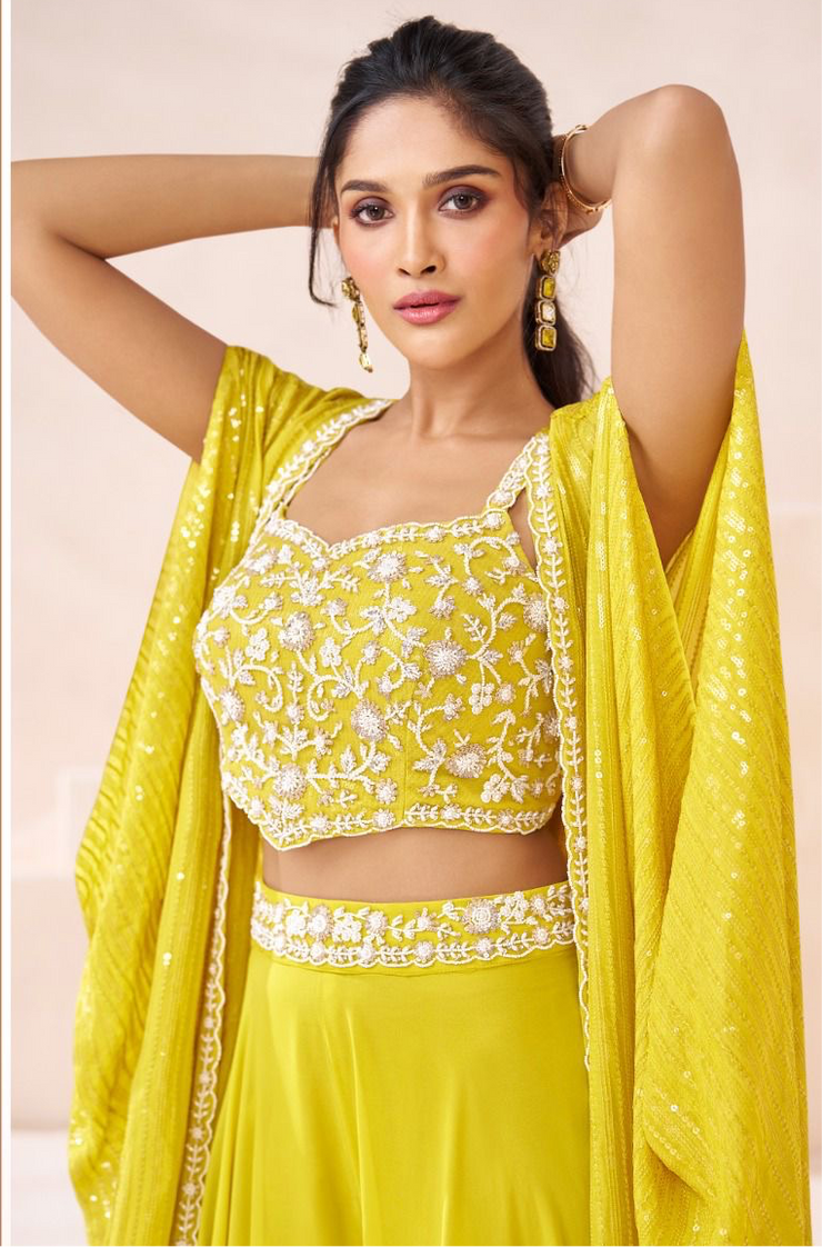 Yellow crop top with shrugg and palazzo