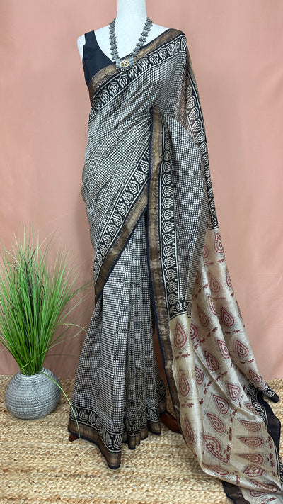 Handblock printed Maheswari cotton silk saree