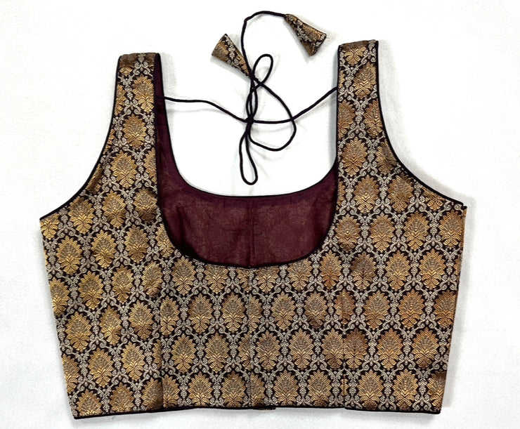 Brown gold silver brocade sleeveless blouse