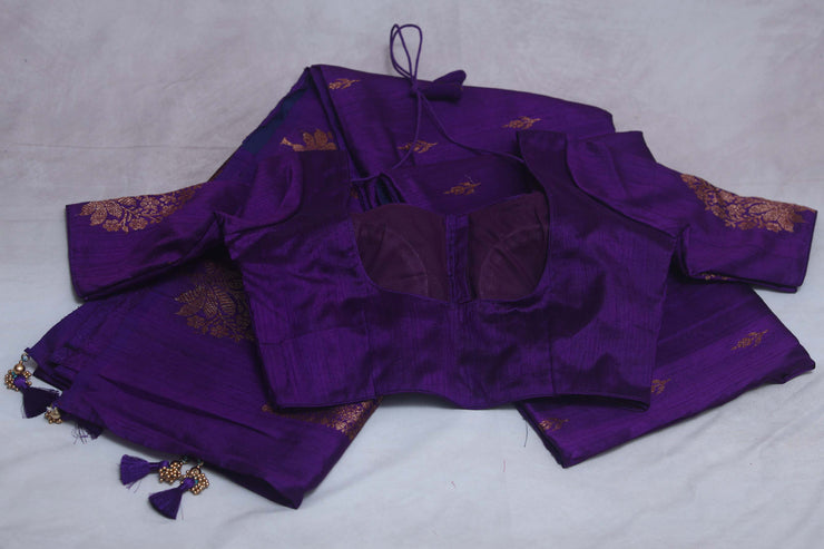 Purple dupion pure silk saree with stitched blouse