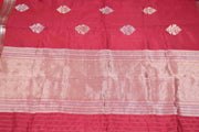 Red soft katan silk saree with silver and gold weave, with stitched blouse