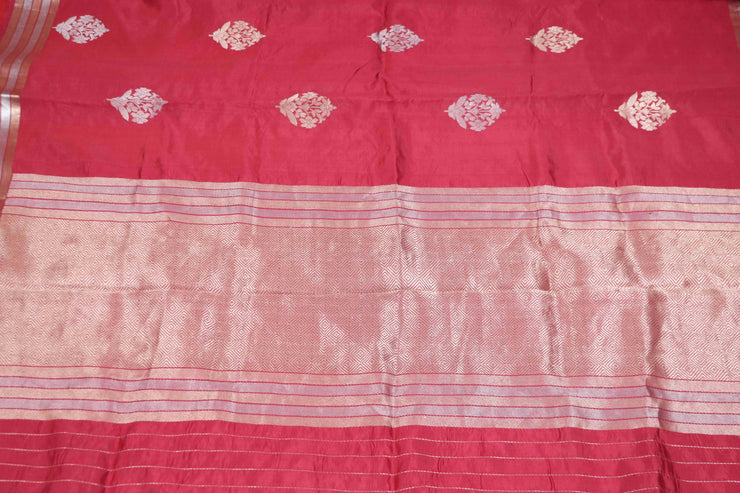 Red soft katan silk saree with silver and gold weave, with stitched blouse